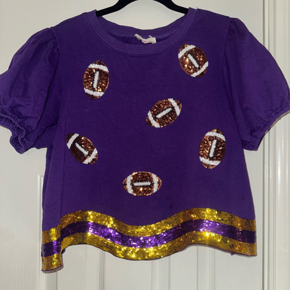 Peach Love California Purple Sequin Football Tee with Gold Trim